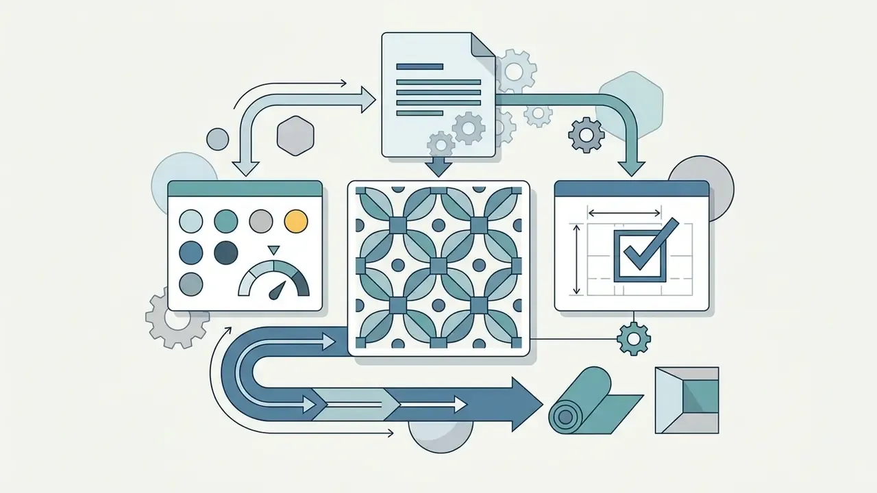 Document and gear icons circulating around a central tile pattern to produce a finished surface design
