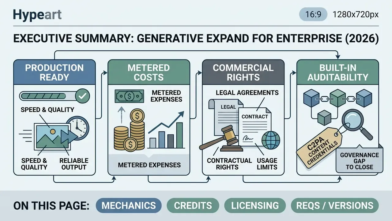 Flowchart outlining enterprise considerations for Generative Expand including costs, rights, and auditability