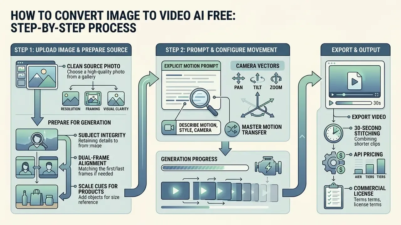 Workflow diagram showing how to convert image to video AI free by preparing assets, prompting motion, and exporting