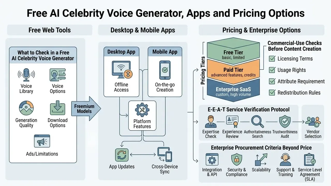 Comparison infographic detailing web tools, mobile applications, and enterprise pricing structures
