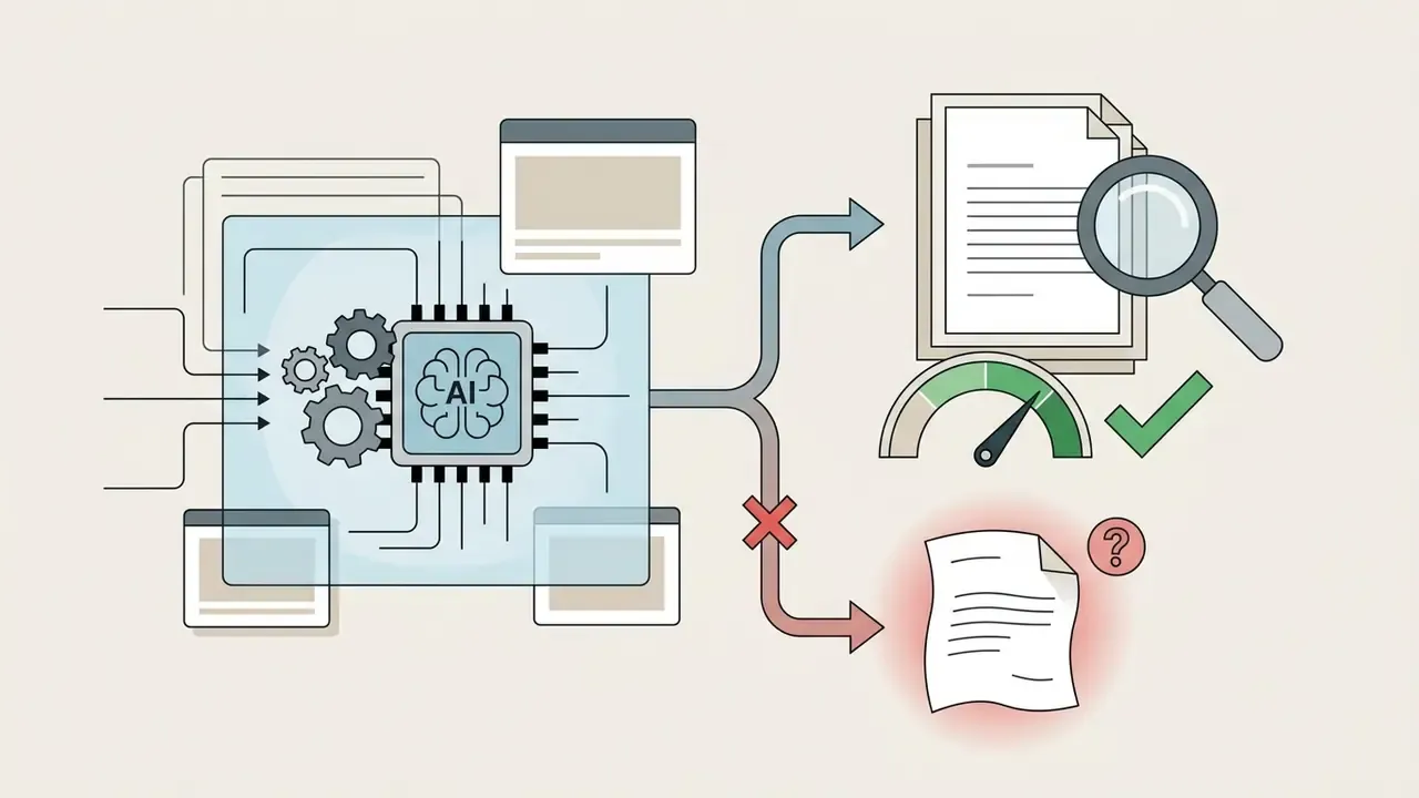 Central AI processor evaluating generated text drafts for accuracy and potential factual errors