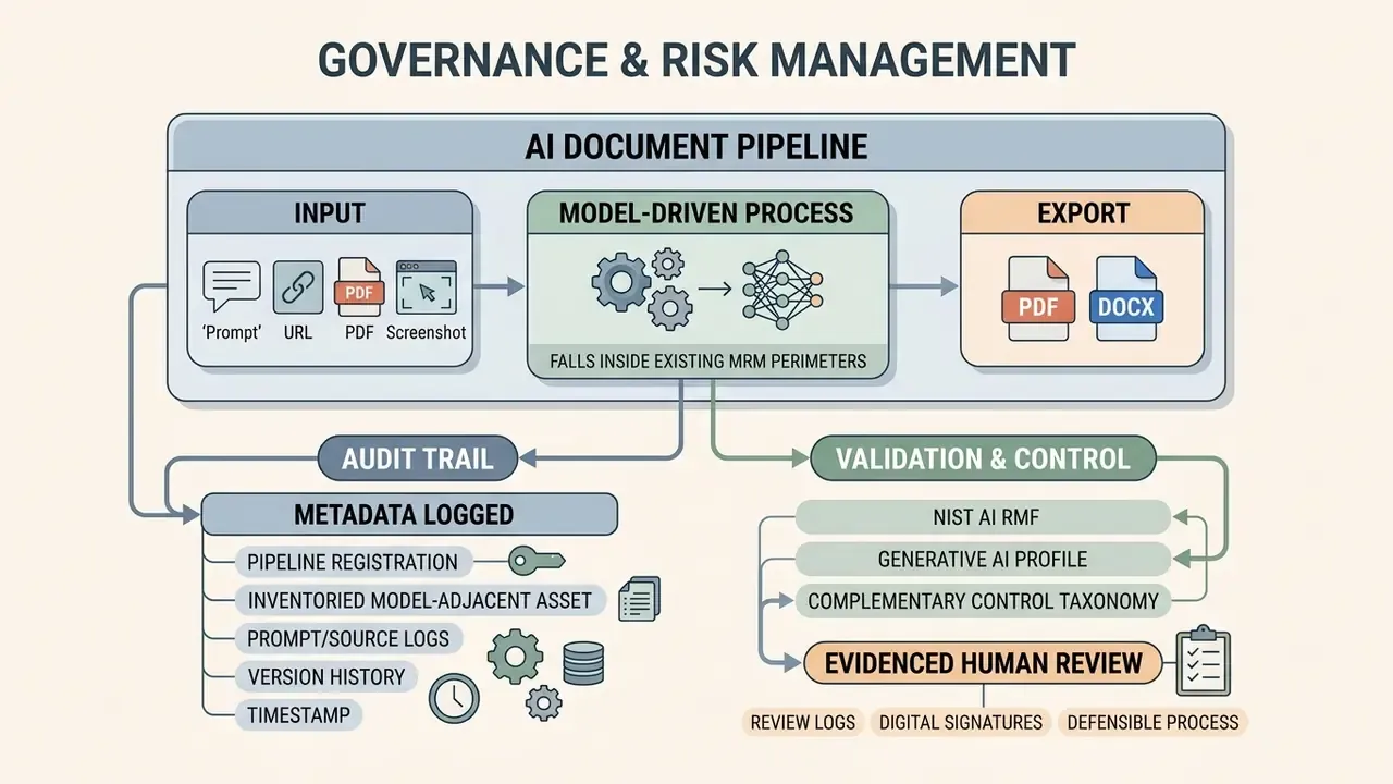 System diagram connecting model-driven pipelines to audit trails and validation control frameworks