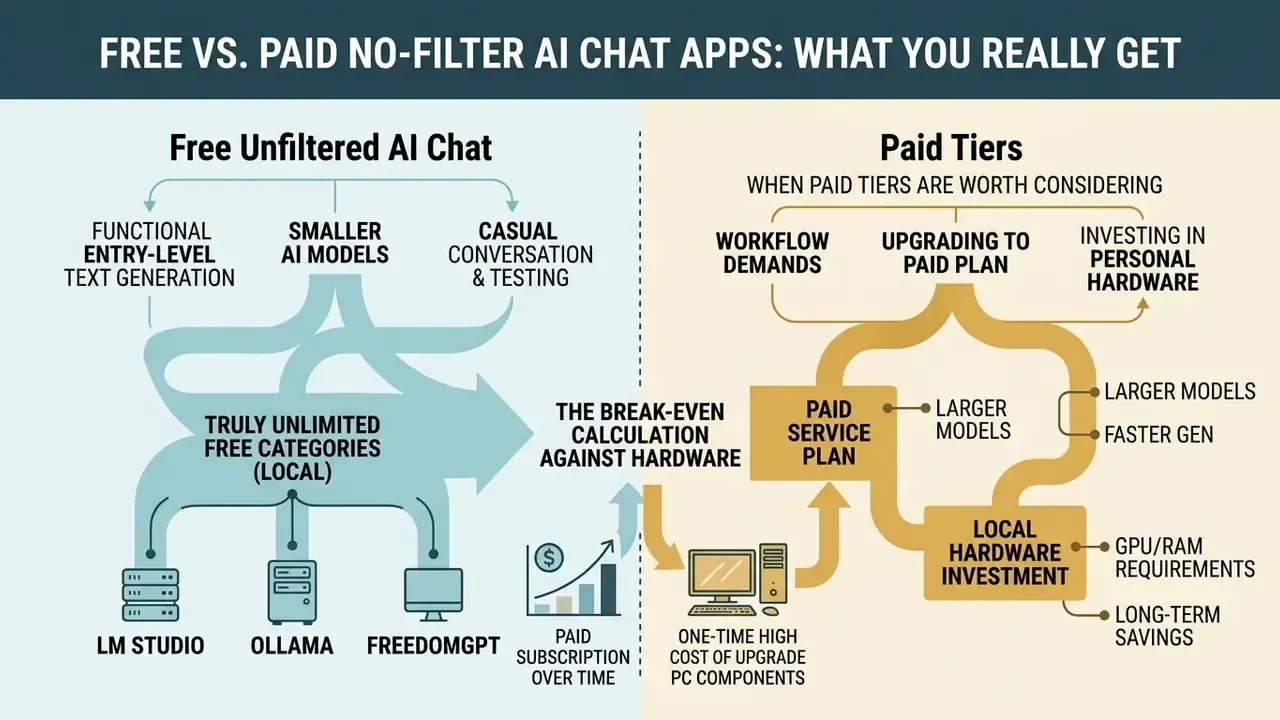 Split graphic comparing features and hardware investment paths for free versus paid AI chat software
