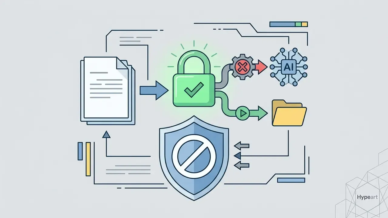 Document flow showing a locked file being diverted away from AI training models into secure storage