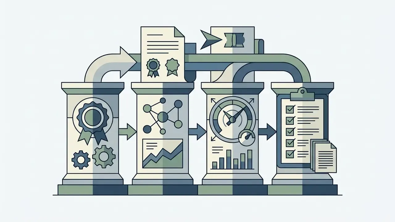 Four pillars representing governance stages connected by arrows and topped with documents and metrics