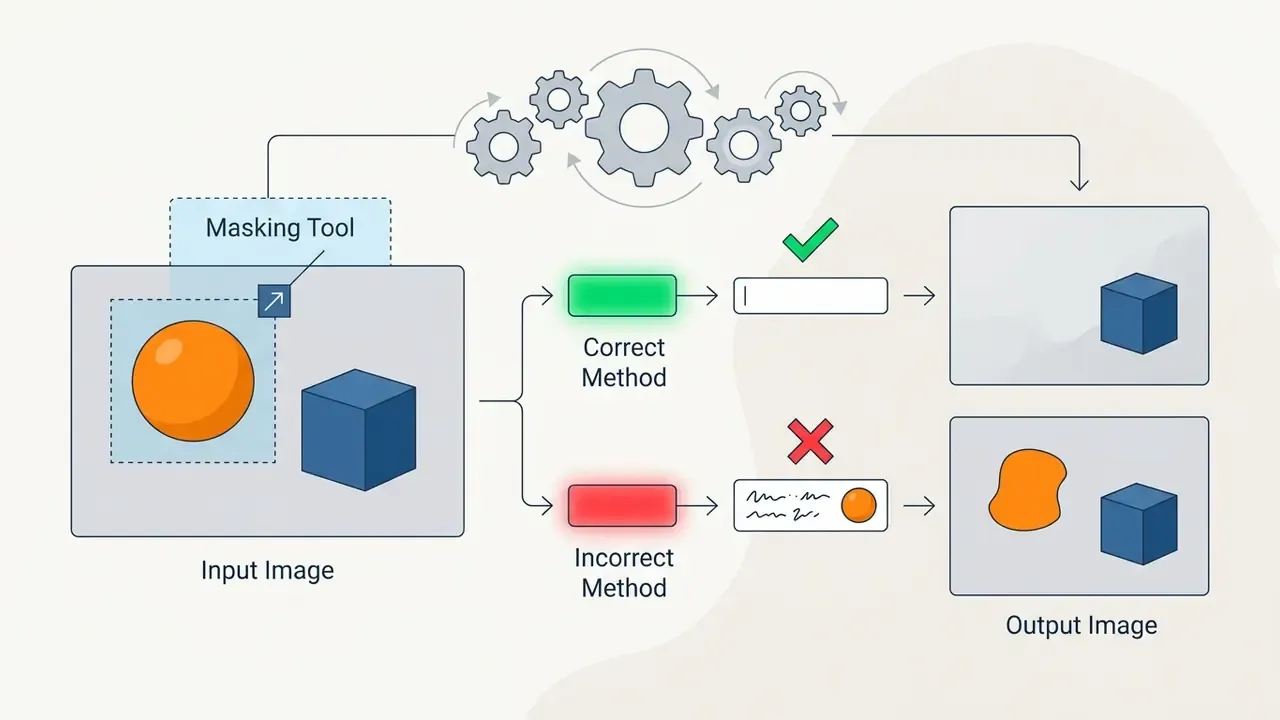 Comparison of correct and incorrect AI image editing masking techniques using gear-driven processing