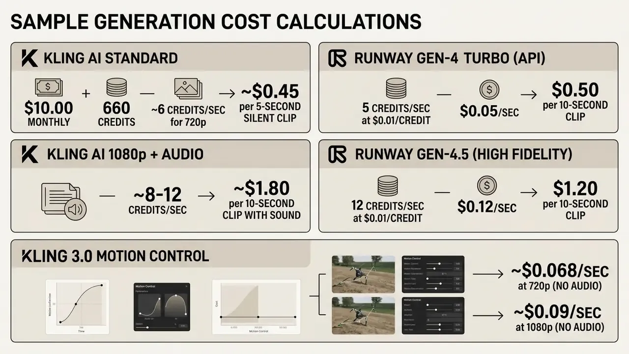 Breakdown of generation costs for Kling AI and Runway video services using credits and time metrics