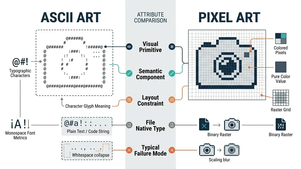 Comparison chart contrasting ASCII art character structures with pixel art grid layouts