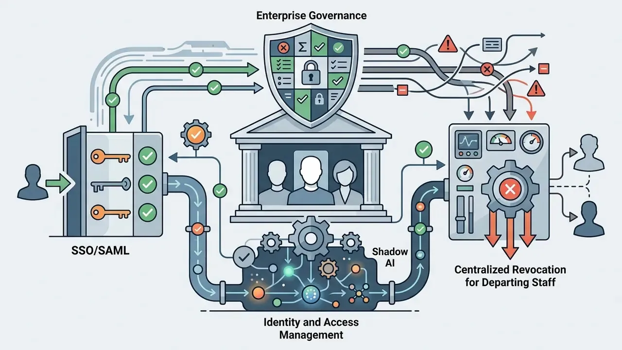 SSO and SAML access paths connecting to a central security shield and staff revocation processing unit