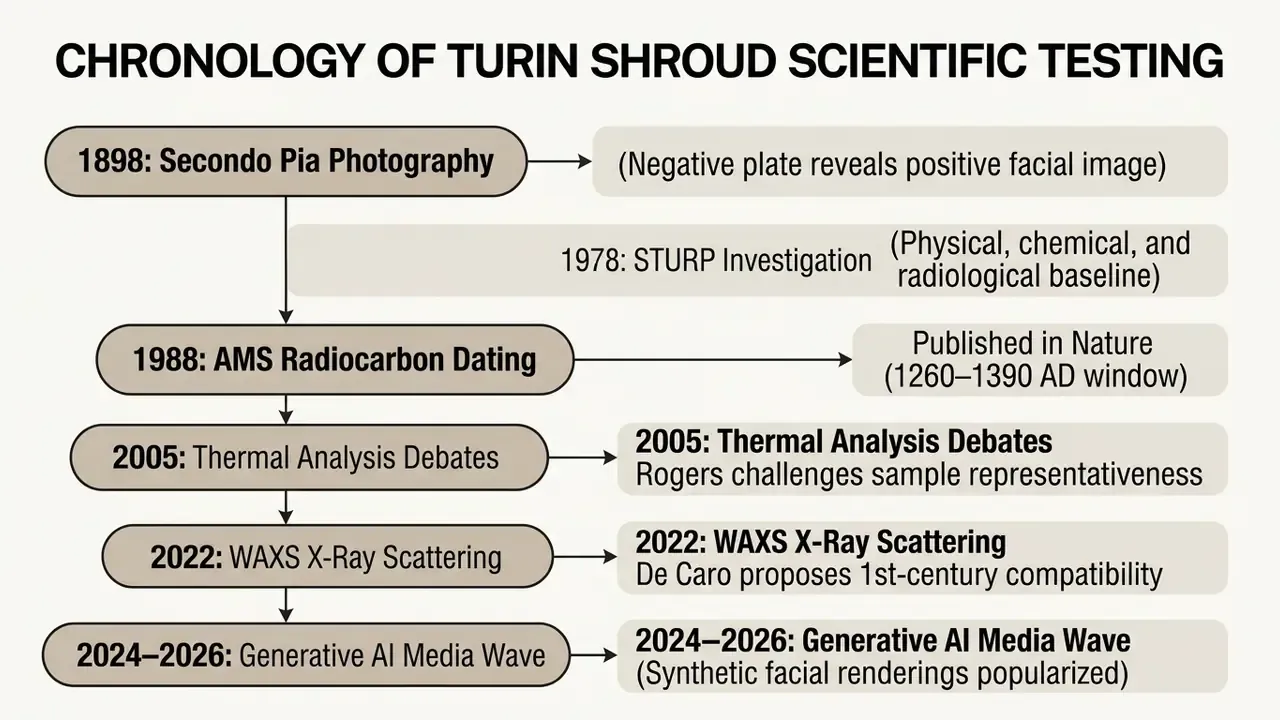 Timeline showing scientific testing milestones for the Turin Shroud from 1898 through modern AI developments