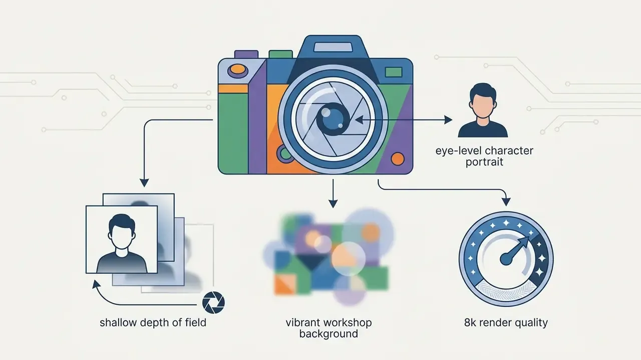 Camera icon connecting to character portrait, blurred background, depth of field, and render quality gauge