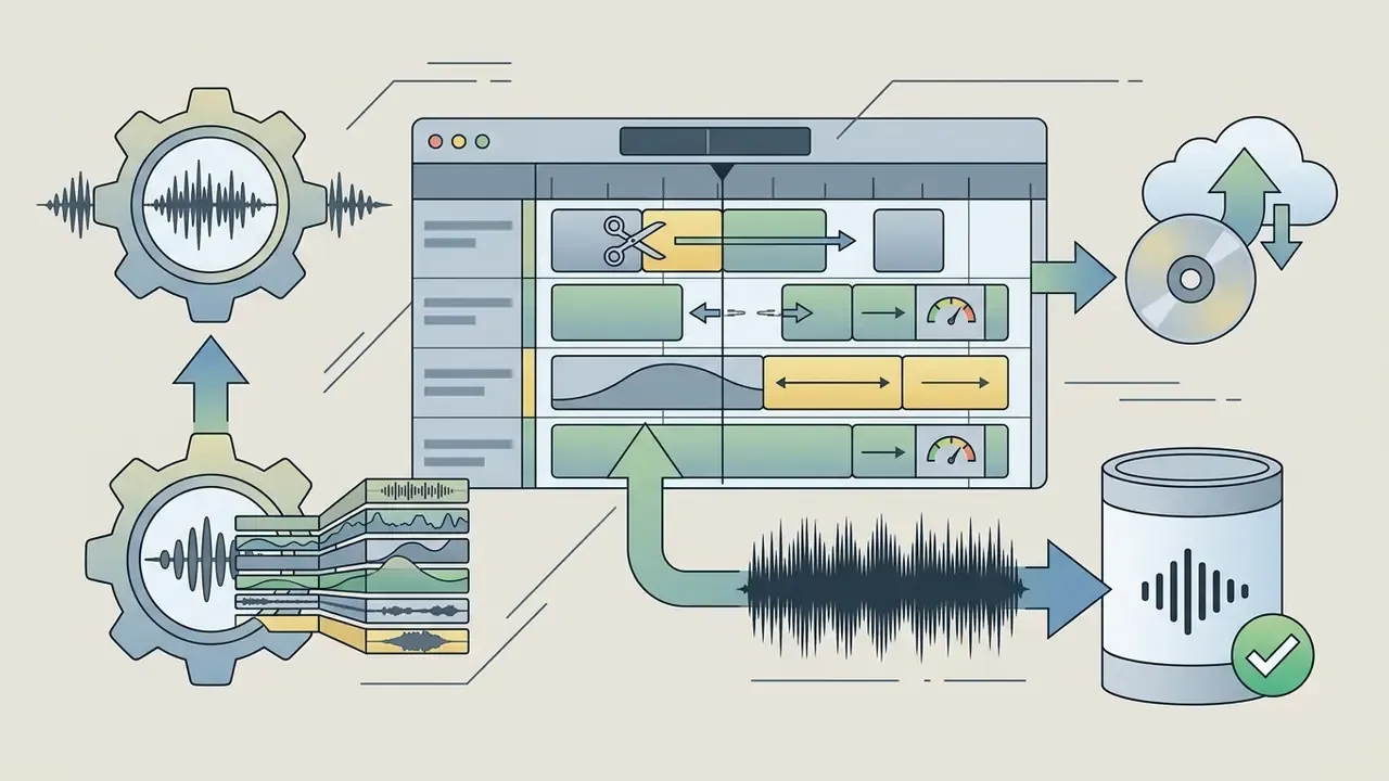 Digital audio workstation interface processing waveforms into stems and exported file formats