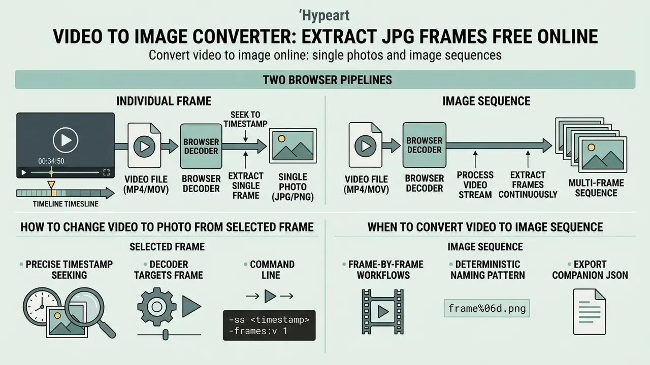 Infographic showing two browser pipelines to convert video to image as single frames or sequences