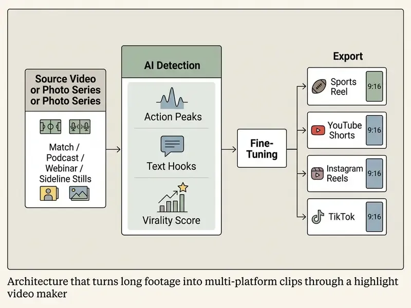 Flowchart mapping raw media through AI detection and fine-tuning to generate platform-specific video clips
