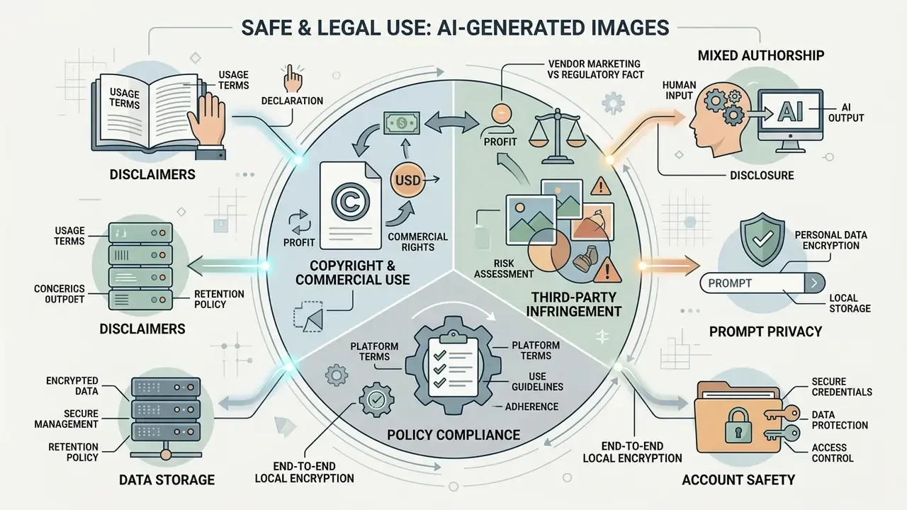 Circular infographic detailing legal considerations for using an AI image generator