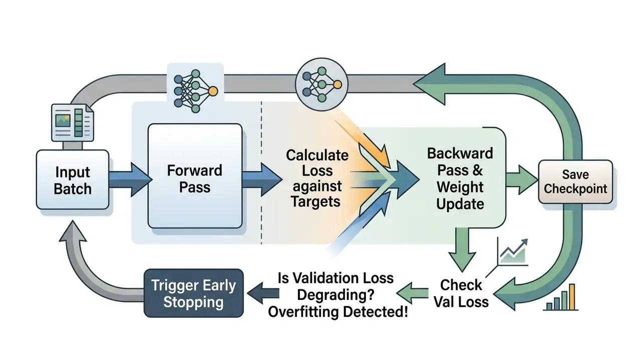 Diagram of a model training loop showing forward and backward passes with a validation loss check