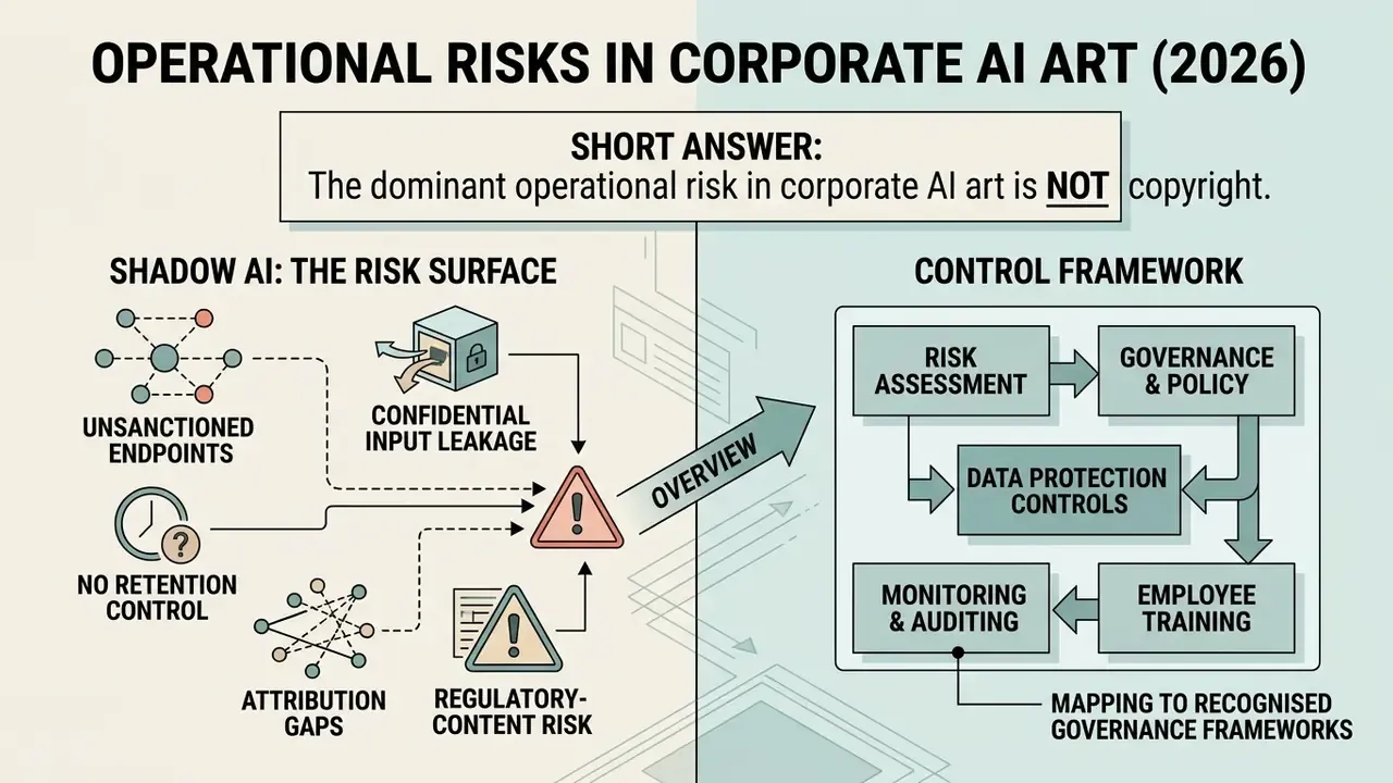 Summary of operational risks in corporate AI art contrasting shadow AI threats with governance frameworks