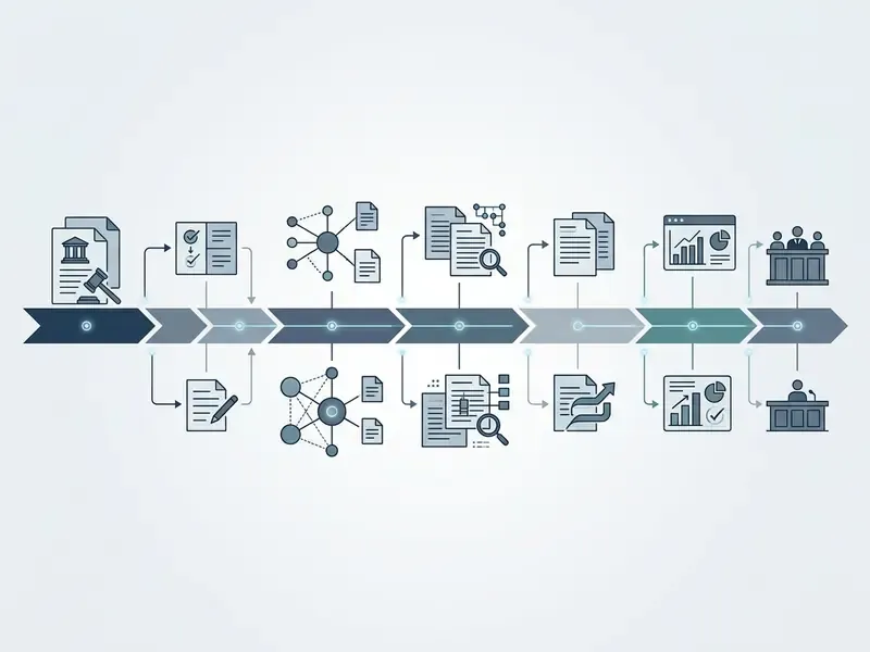 Linear timeline showing AI litigation and case timelines from initial filing through trial preparation