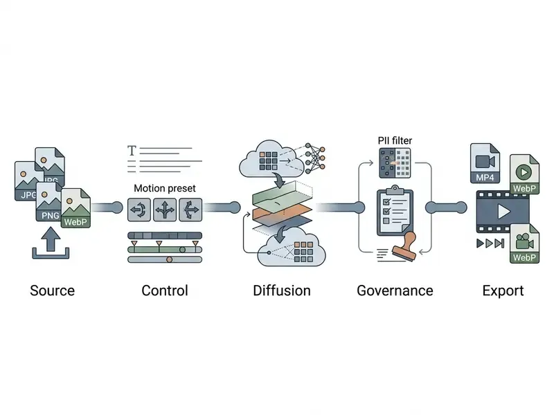 Five-step horizontal diagram showing the workflow of an AI photo animator from image upload to video export