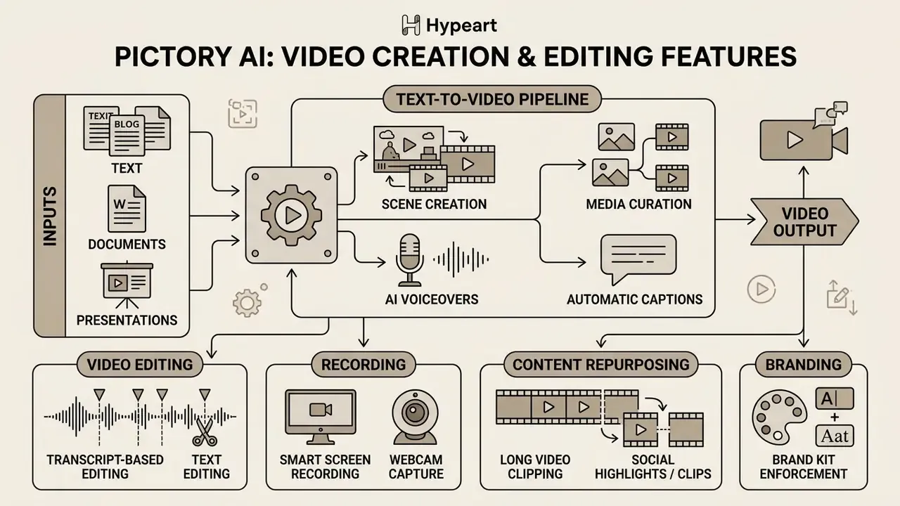 Diagram mapping text inputs to video production, editing, recording, and branding features in Pictory AI