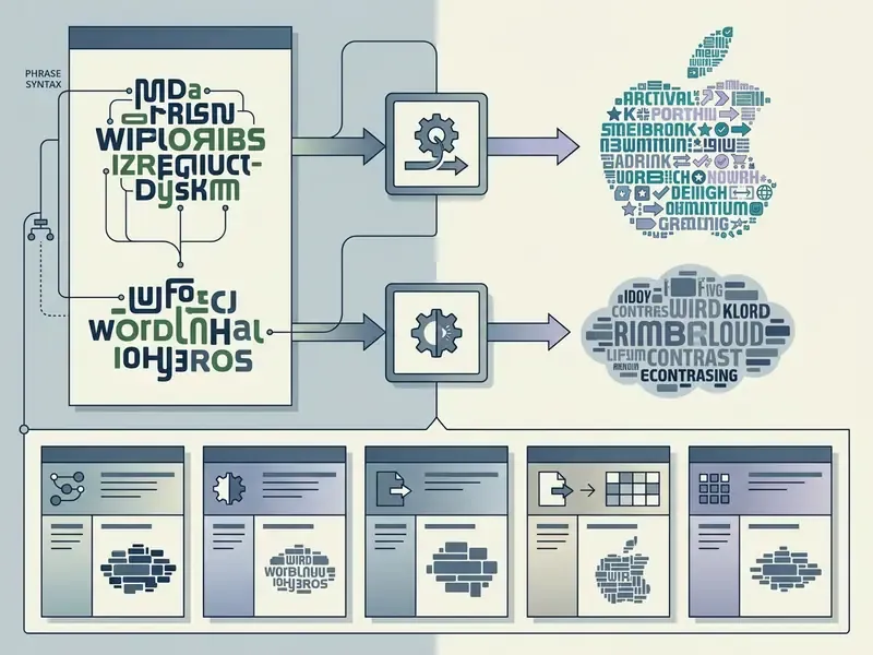 Process flow showing raw text being converted into stylized apple and cloud shapes by a free word art generator