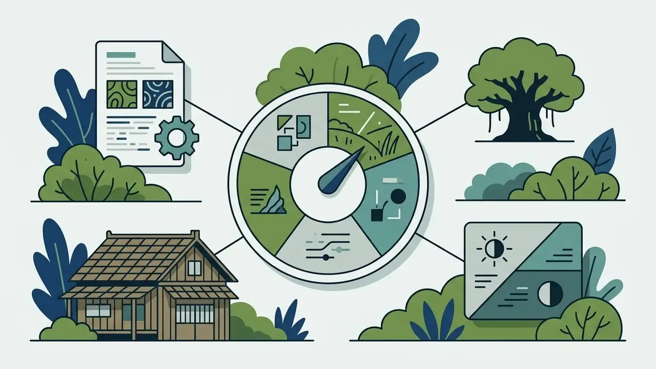 Central gauge connecting icons of a document, a tree, a wooden house, and light settings