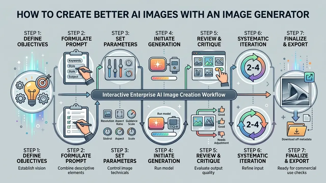 Seven step workflow for creating AI images through prompt engineering, parameter control, and iteration