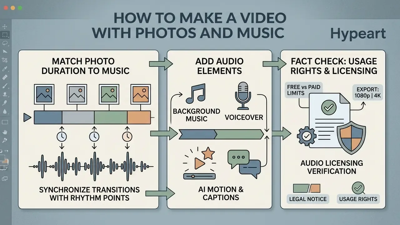 Three-step guide showing photo timing to music, audio integration, and legal verification of media rights