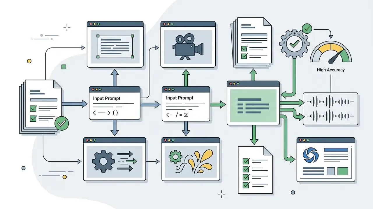 Workflow showing text and video prompts processing through a series of modules to output media and audio