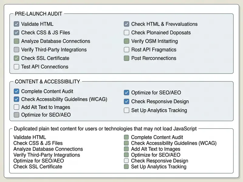 Interactive checklist showing technical audit, content, and accessibility tasks for a website launch