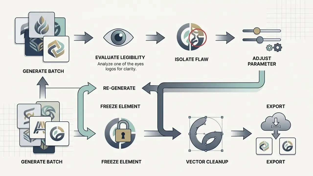 Step-by-step process loop for refining logo designs from initial generation to final vector export