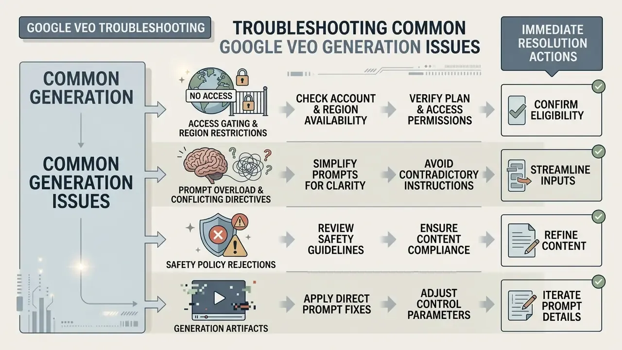 Flowchart outlining common Google Veo generation issues and corresponding resolution steps for each error