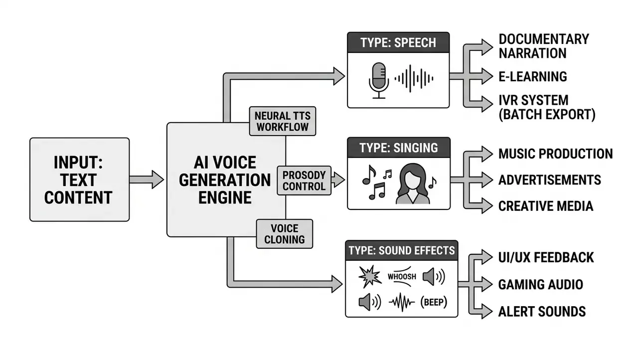 Schematic showing text content flowing into an AI voice maker to produce speech, singing, or sound effects