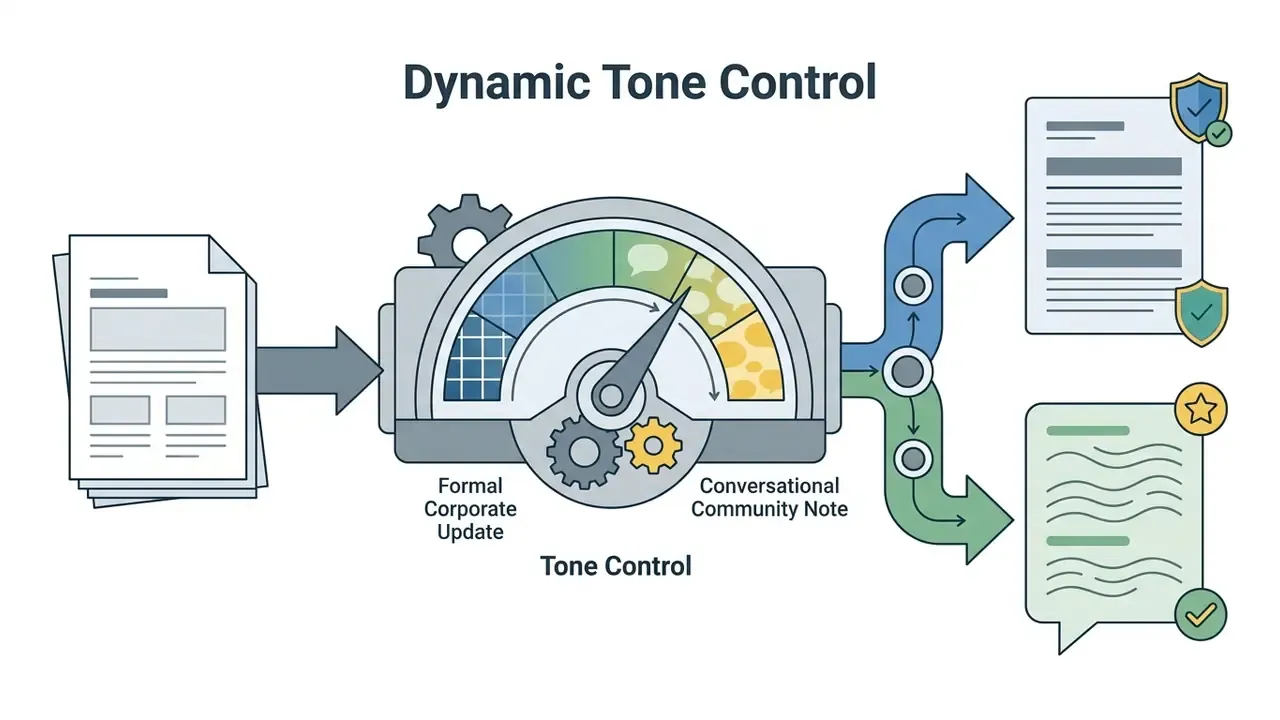 Document feeding into a gauge that adjusts text style between formal corporate and conversational tones