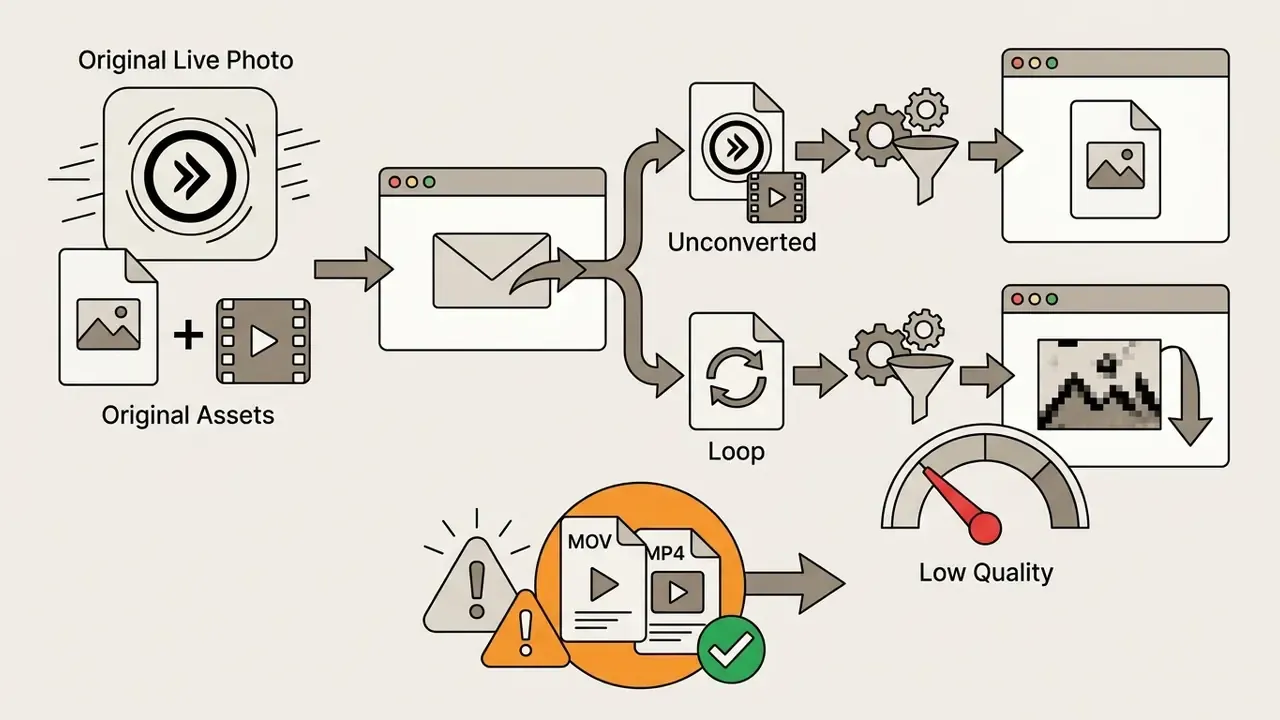 Visual representation showing how emailing unconverted Live Photos results in quality loss