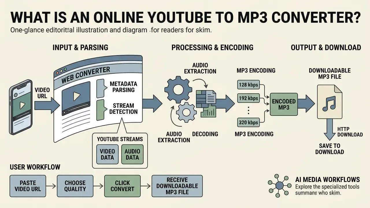 Infographic showing the technical process of converting a YouTube video URL into a downloadable MP3 file