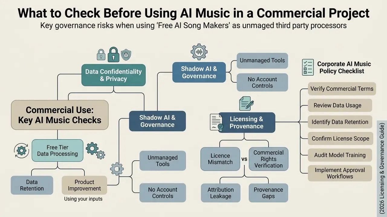 Flowchart outlining governance risks and a policy checklist for using third-party tools in commercial music