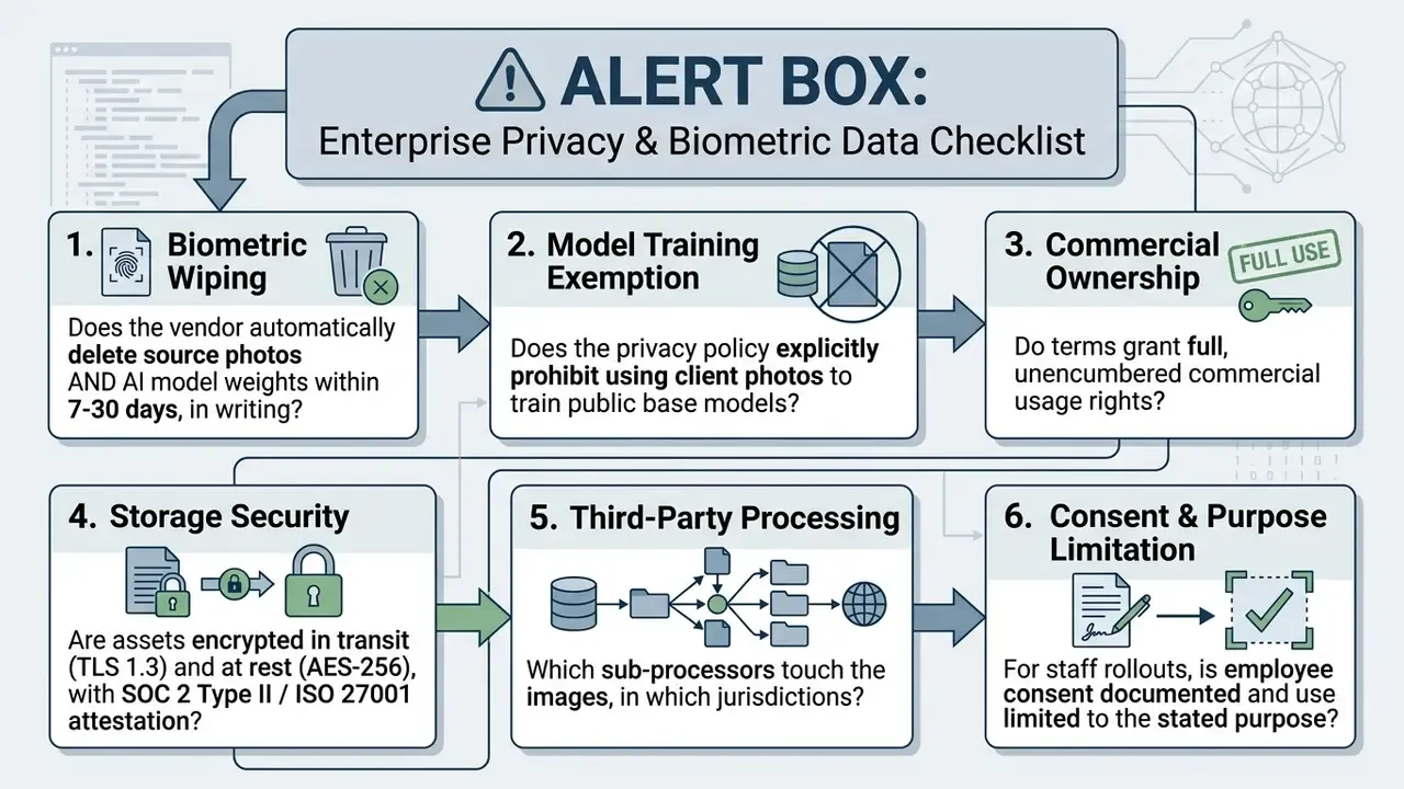 Checklist diagram outlining six essential privacy and data security criteria for AI headshot generators