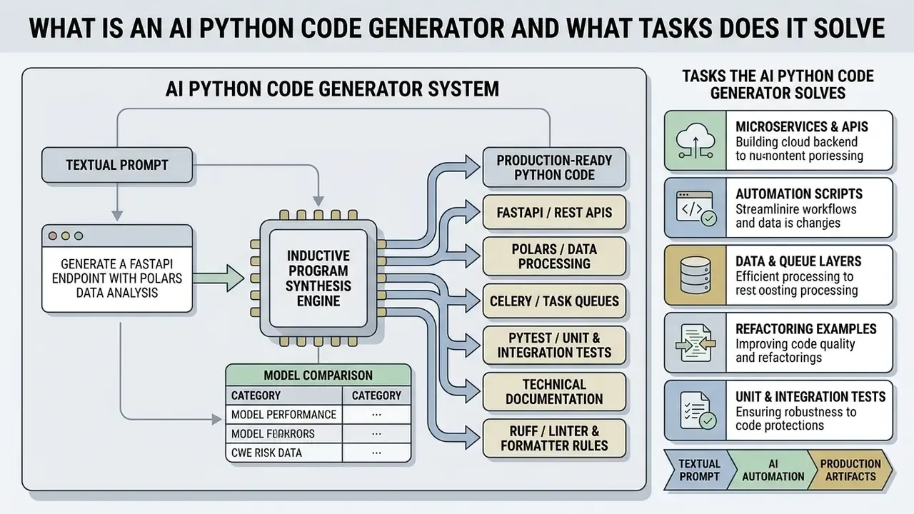 Diagram showing an inductive program synthesis engine converting textual prompts into Python code and tasks