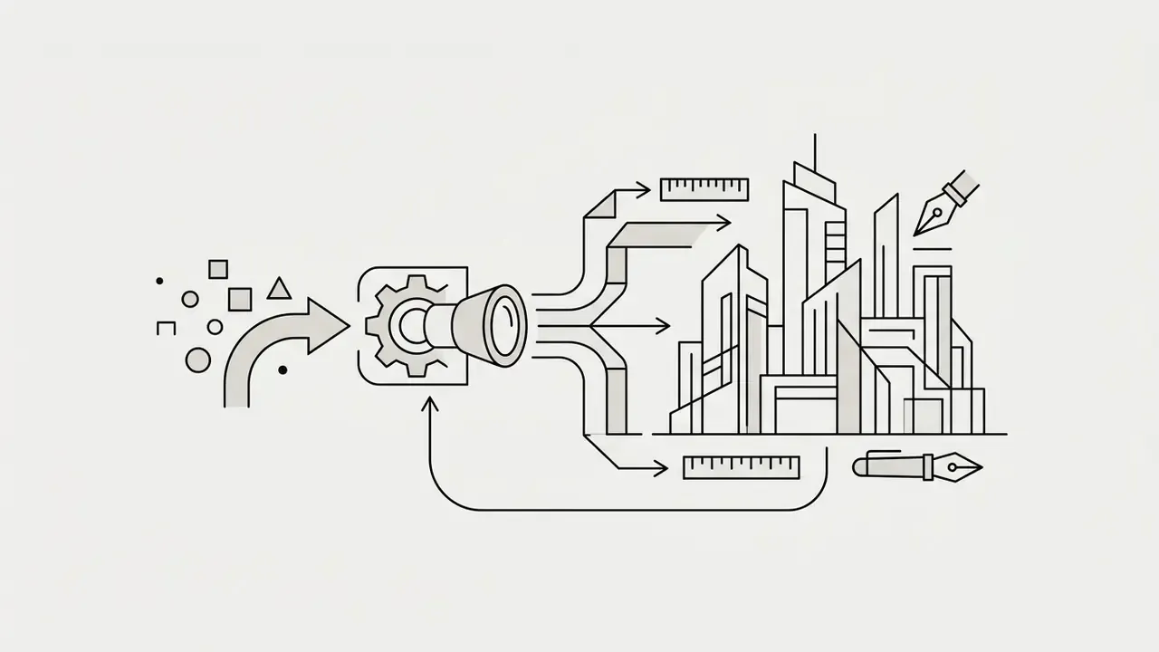 Geometric shapes flowing into a gear processor to generate a detailed architectural cityscape line drawing