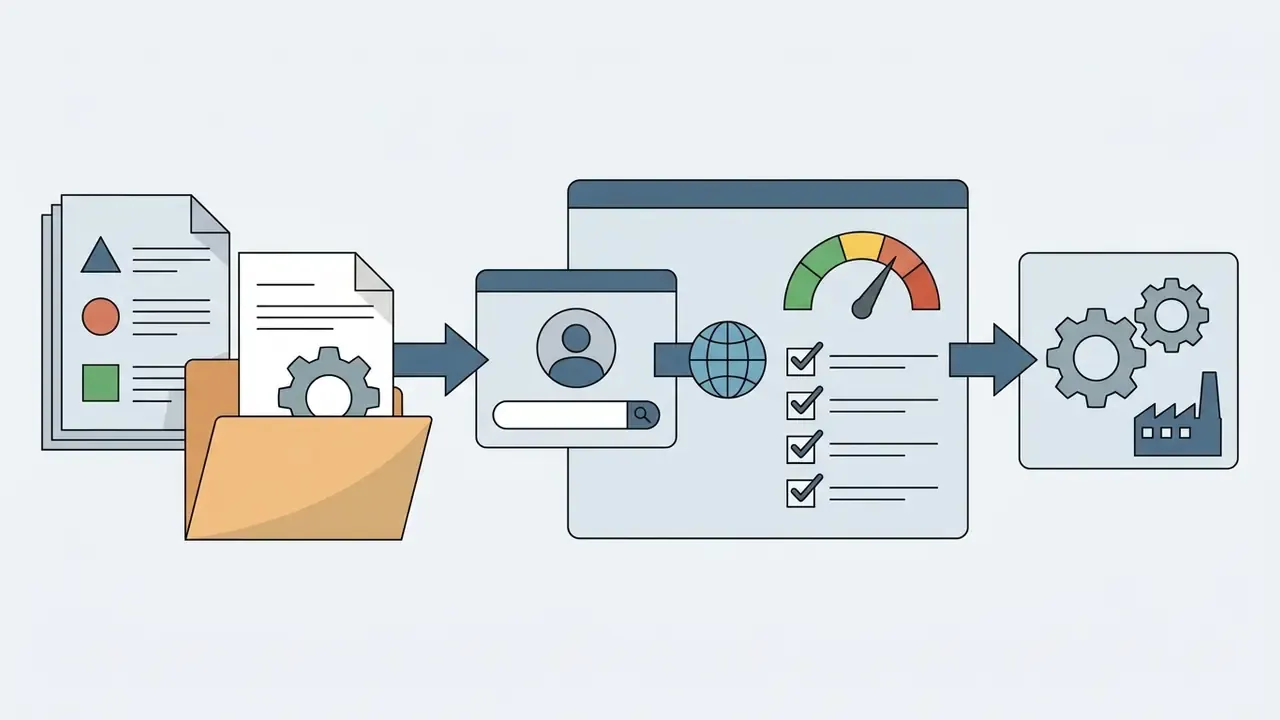 Folder and document icons feeding into a user profile search and checklist that leads to industrial gears