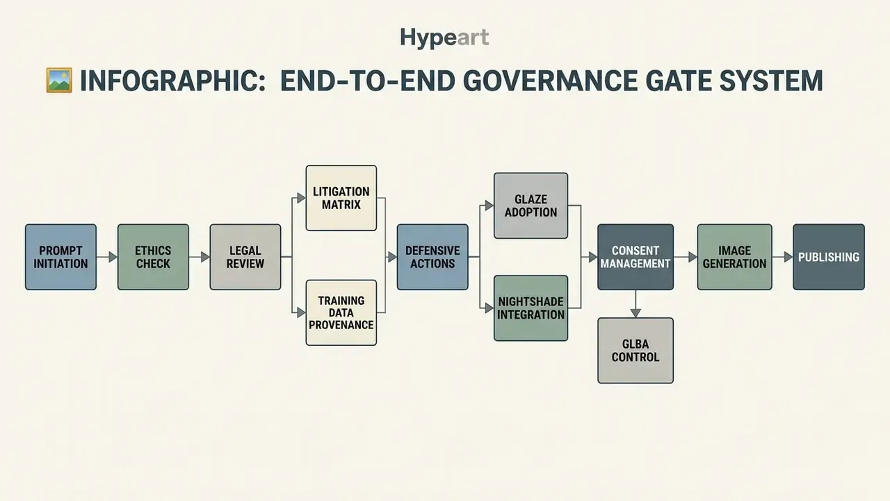 Process map showing sequential governance gates from prompt initiation through to final image publishing