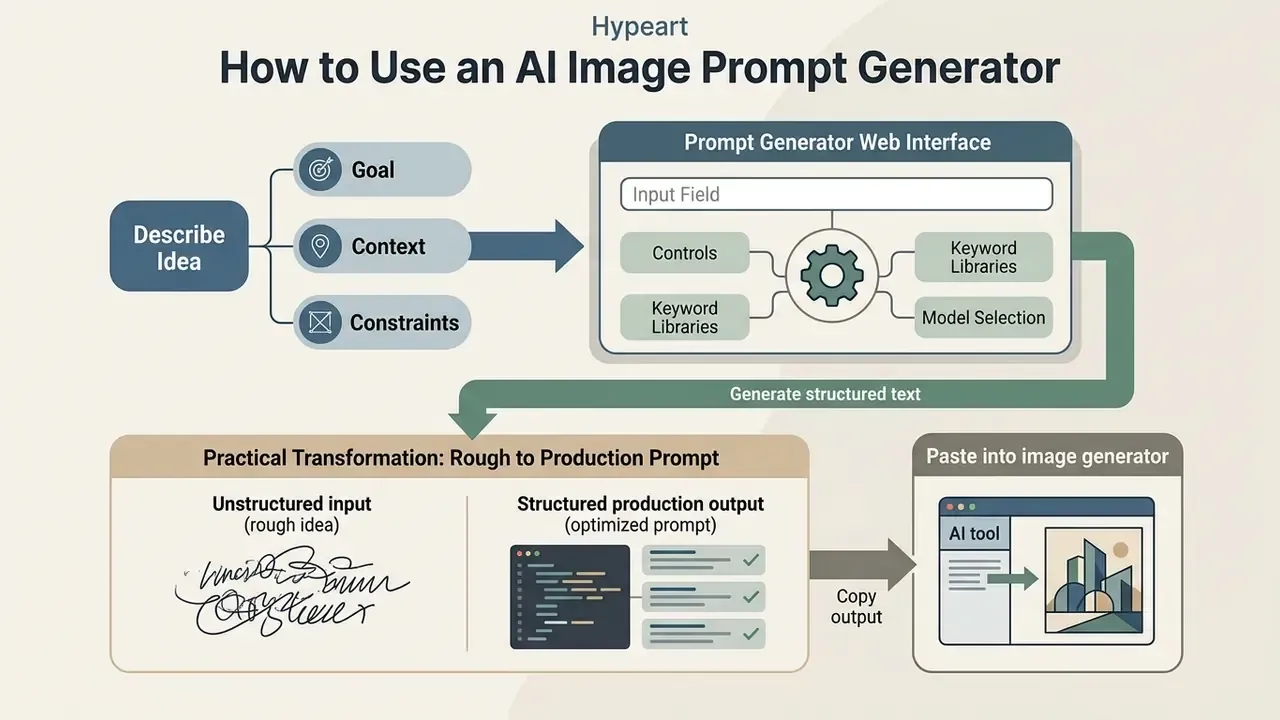 Workflow diagram detailing the process of refining rough ideas into structured text for visual generation
