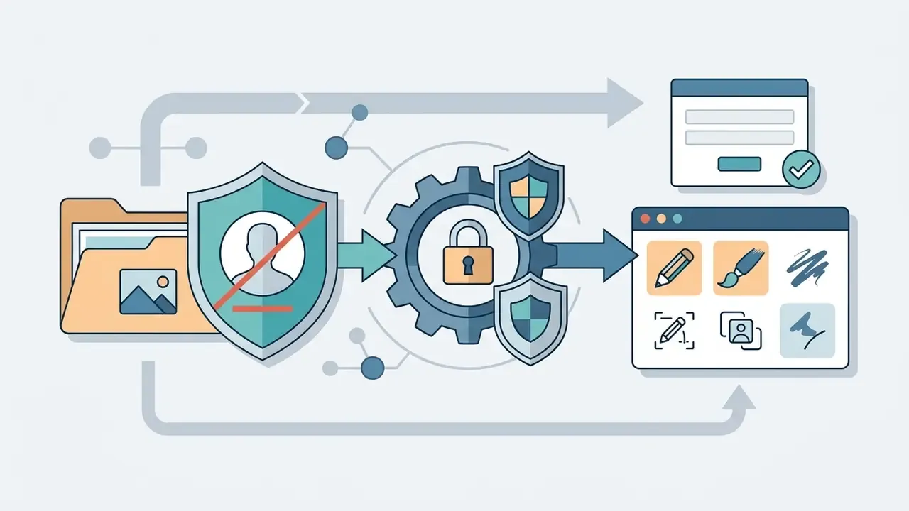 Shield icon with a crossed out user profile moving through a gear mechanism toward a web interface
