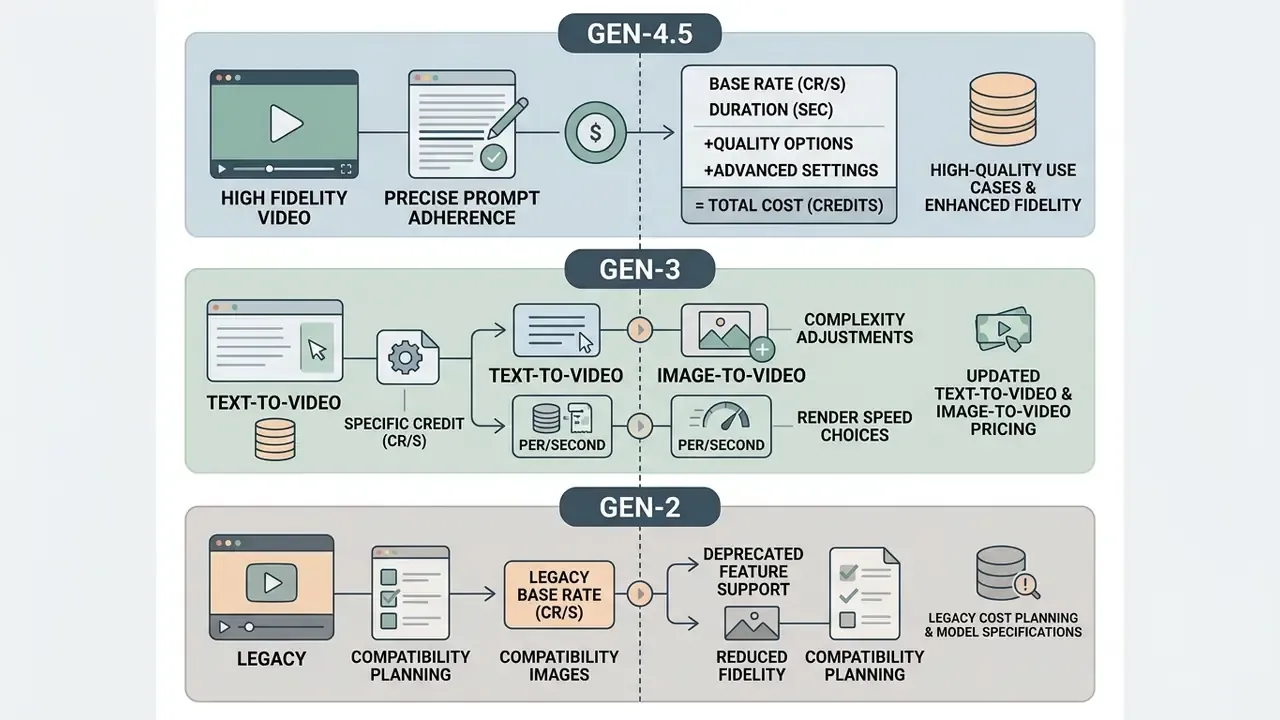 Diagram showing credit cost structures for Runway Gen-4.5, Gen-3, and Gen-2 video generation models