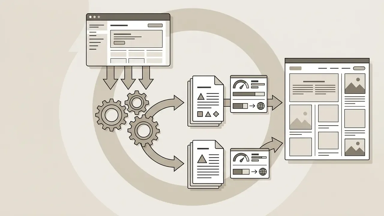 Web interface data feeding through gears into processed documents and performance gauges for CMS publishing