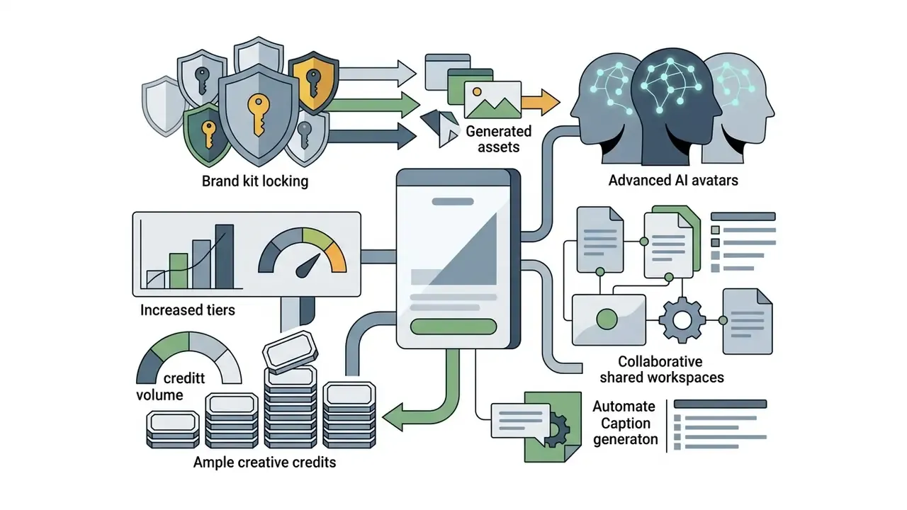 Central interface connecting to icons for brand locking, AI avatars, shared workspaces, and credit volume