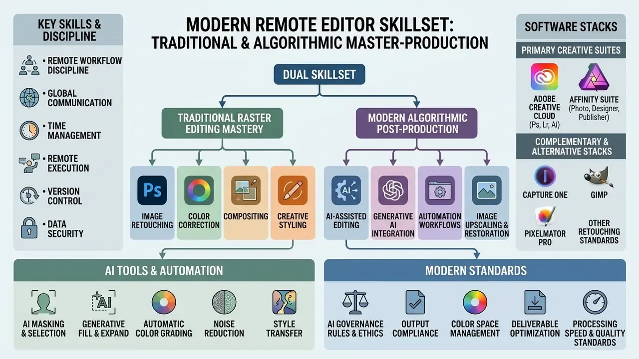 Diagram detailing the dual skillset of traditional editing and modern AI tools for remote photo editor jobs