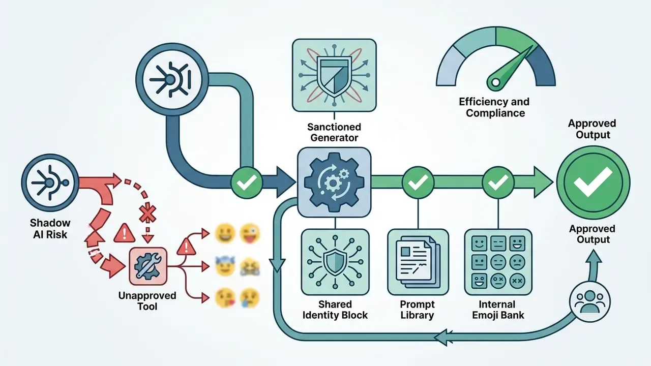 Pathways showing unapproved tools being redirected toward a sanctioned generator and internal asset library