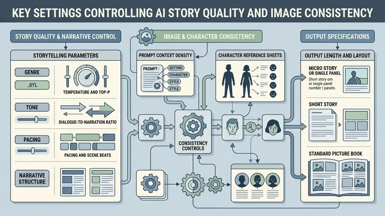 Flowchart detailing parameters for narrative control, character consistency, and output layout options